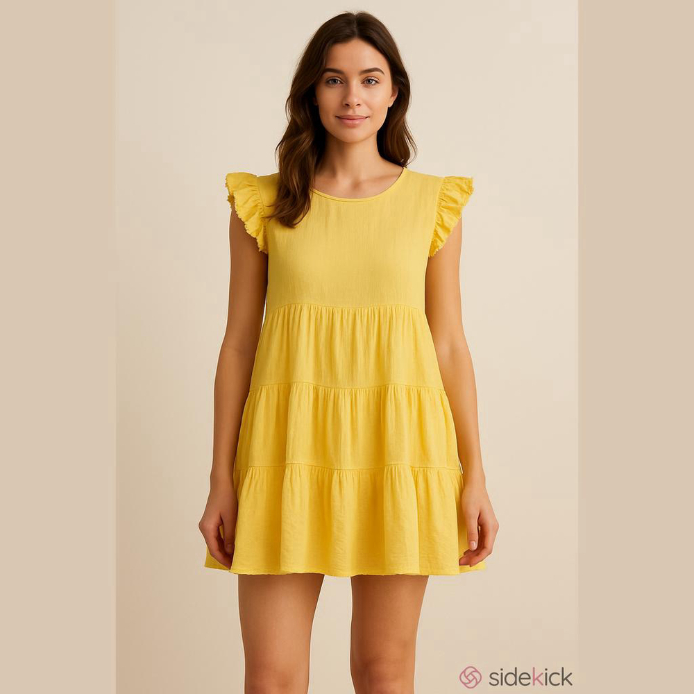 House of Harlow 1960 Yellow Cotton Tiered Mini Dress Smock Ruffle Size Small